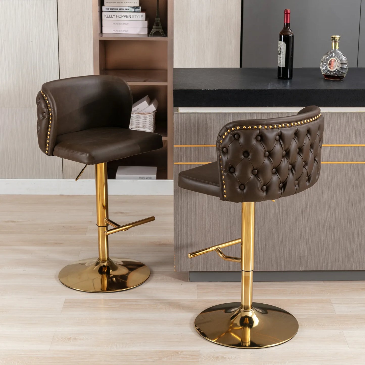 2 Piece Swivel Bar Chairs PU Upholstered Counter Stools with Gold Nailheads and Base Adjustable Height 25" to 33" Barstools