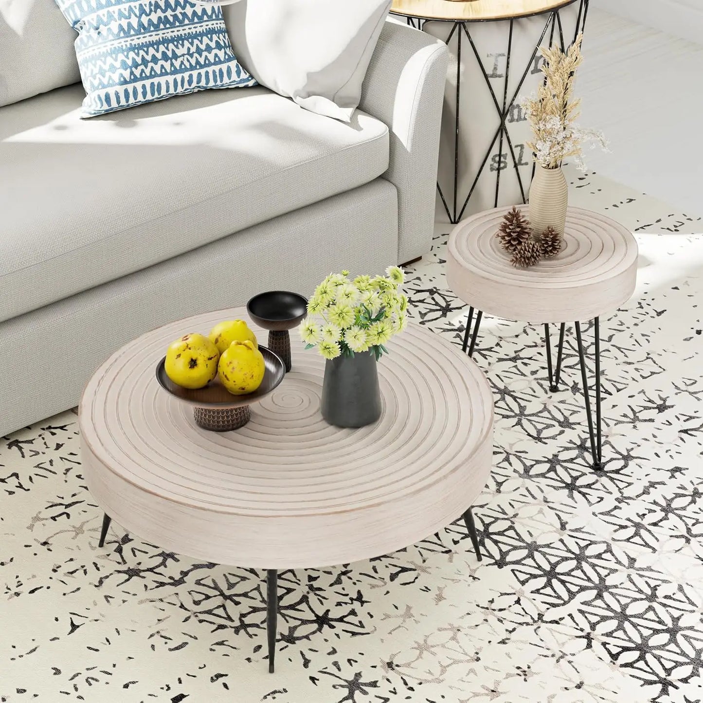 2-Piece Round Nesting Coffee Table Set, Natural Wood Top with Black Metal Legs