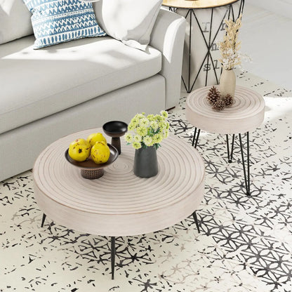 2-Piece Round Nesting Coffee Table Set, Natural Wood Top with Black Metal Legs