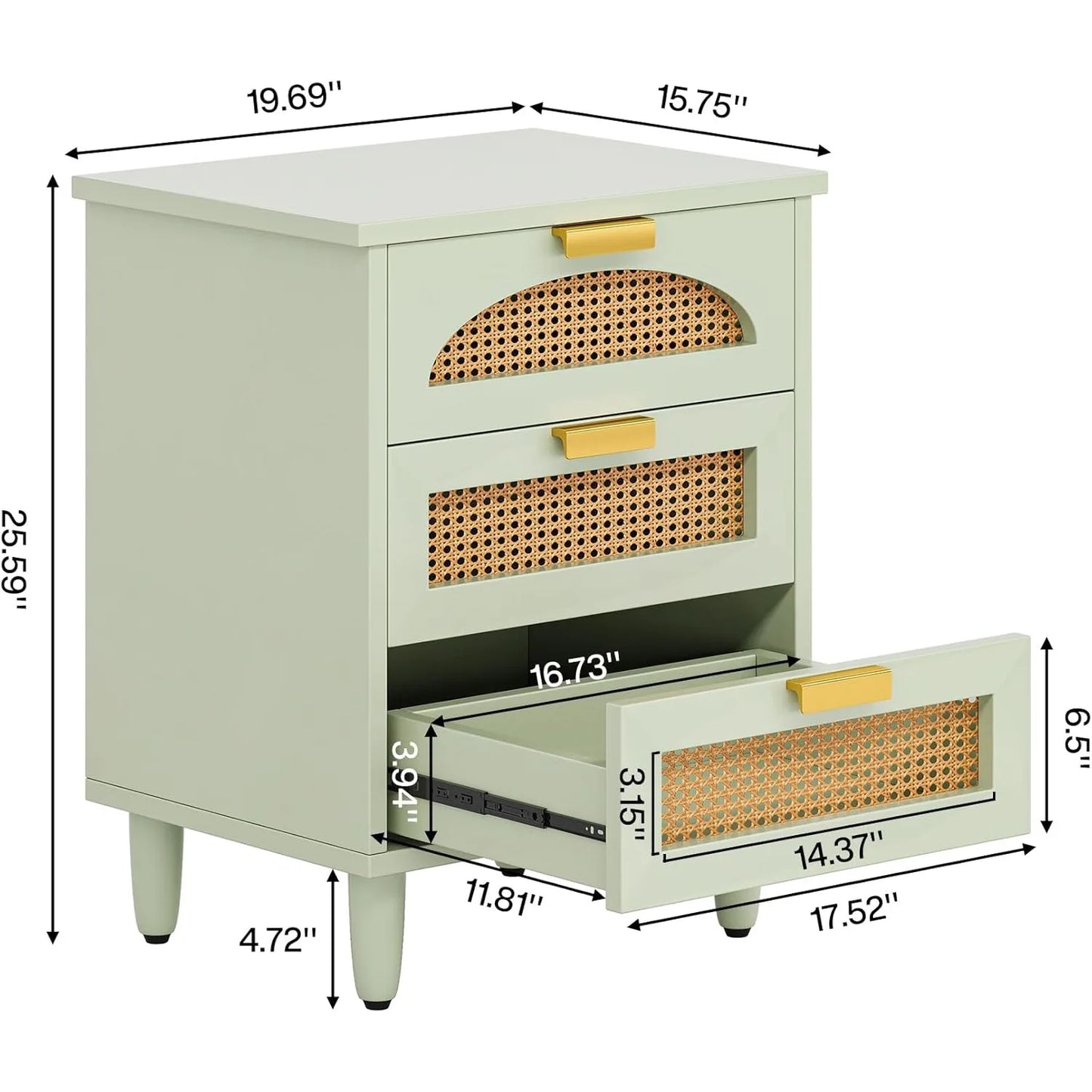 Mint Green Nightstand, 3-Drawer Rattan