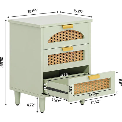 Mint Green Nightstand, 3-Drawer Rattan