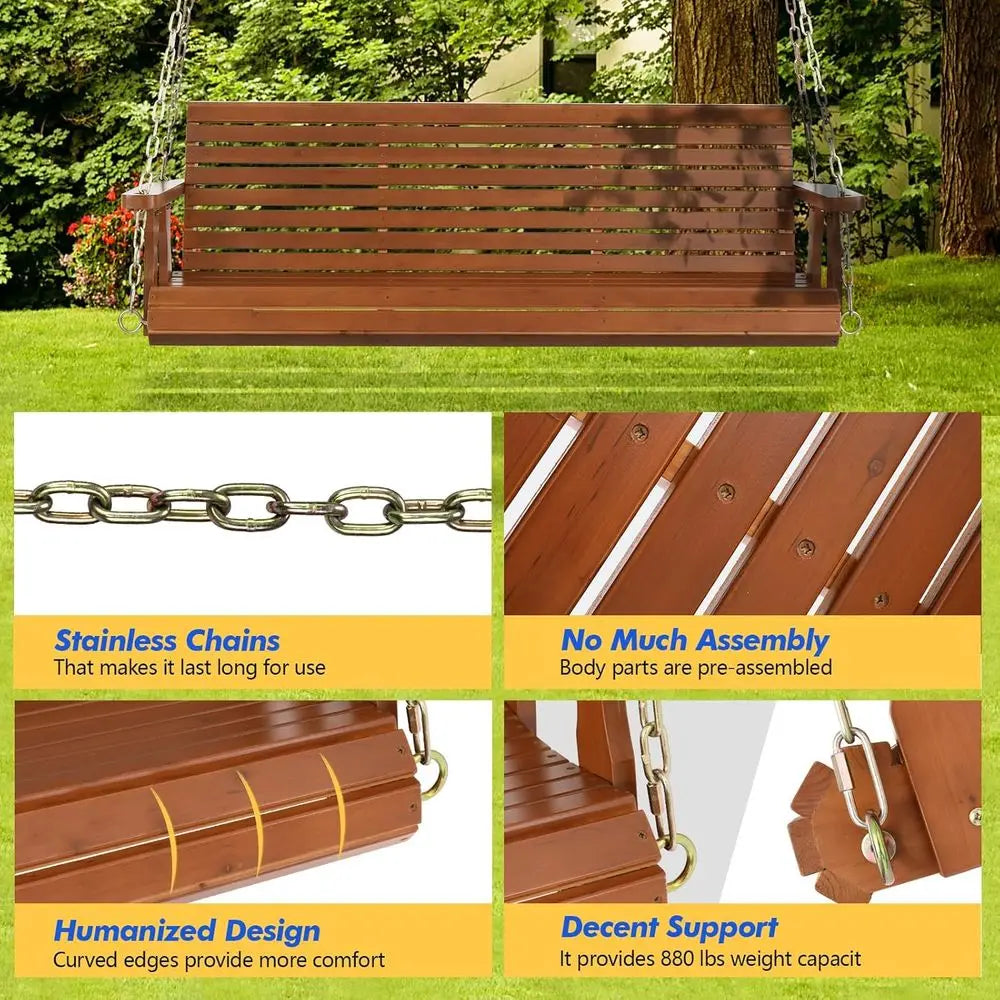 Heavy-Duty 880lbs Wooden Porch Swing with Hanging Chains for Courtyard and Garden (Brown)