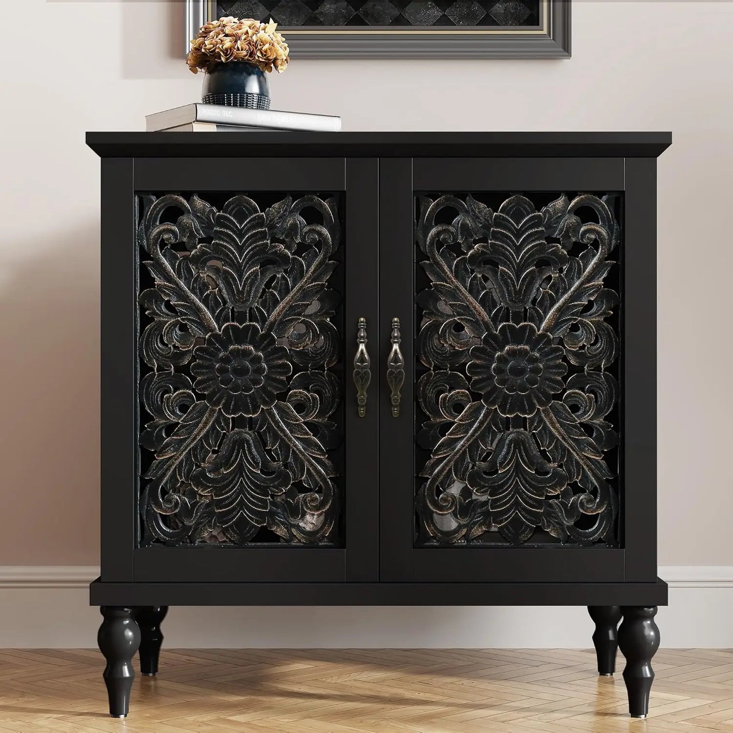 Accent Cabinet with 2 Doors, Vintage Carved Wood Storage Cabinet