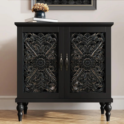 Accent Cabinet with 2 Doors, Vintage Carved Wood Storage Cabinet