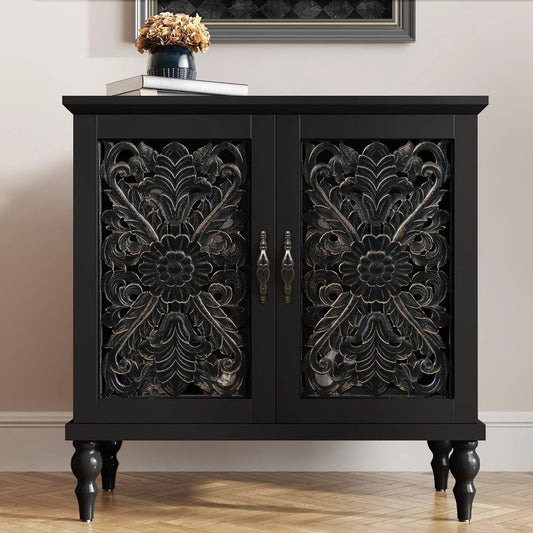 Accent Cabinet with 2 Doors, Vintage Carved Wood Storage Cabinet