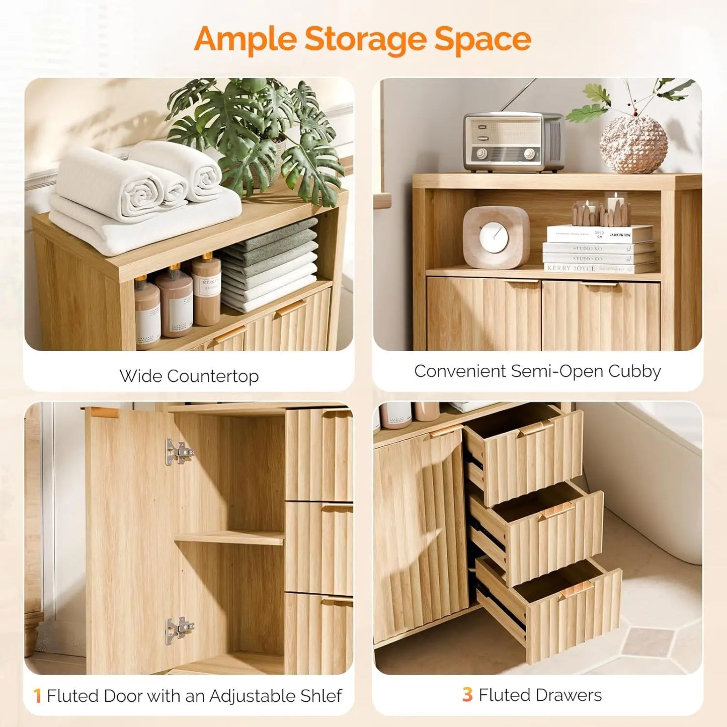 Storage Cabinet with Fluted Door and 3 Drawers