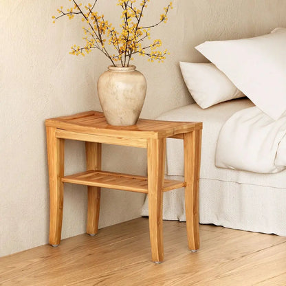 Bamboo Shower Bench, Waterproof Shower Stool With Storage Shelf