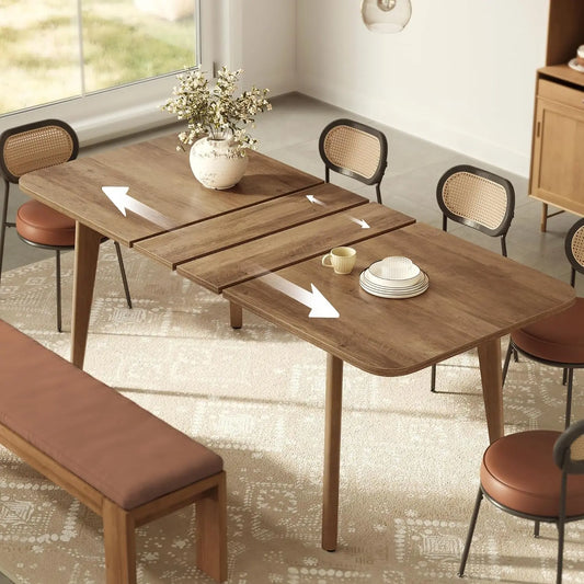 Extendable Dining Table for 4/6/8 People, Kitchen Table with Tapered Legs and Curved Design, Honey Brown Finish