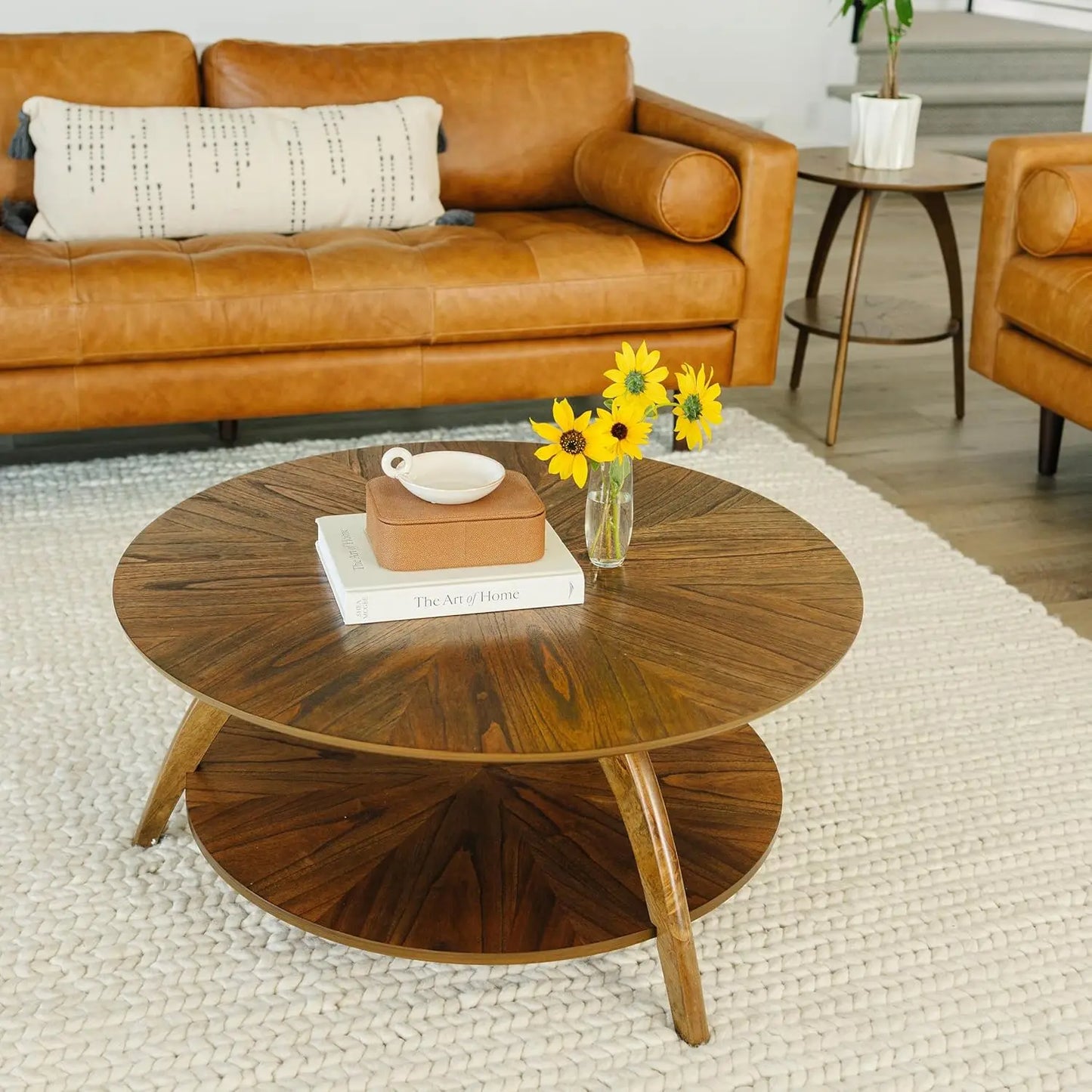 Round Wood Coffee Table with Lower Shelf,Cocktail Table for Living Room or Den. Caramel Brown with Walnut Brown Legs, Customized