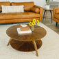 Round Wood Coffee Table with Lower Shelf,Cocktail Table for Living Room or Den. Caramel Brown with Walnut Brown Legs, Customized