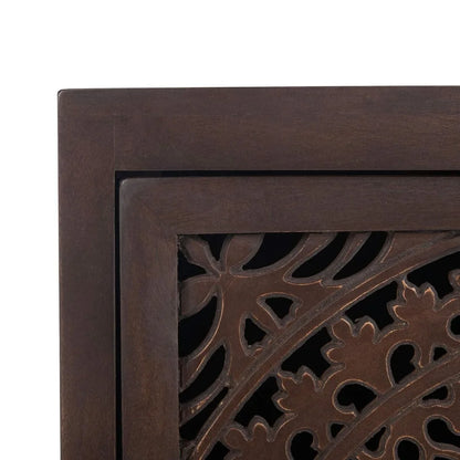 Thea Brown Carved Mandala 1-Door Storage Nightstand, Fully Assembled, Boho Accent Side Table