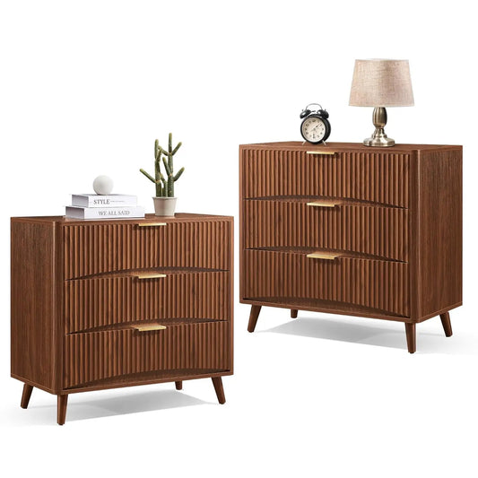 Oversized Nightstands Set of 2 31.5\" Walnut Fluted Tall Large 3 Drawer
