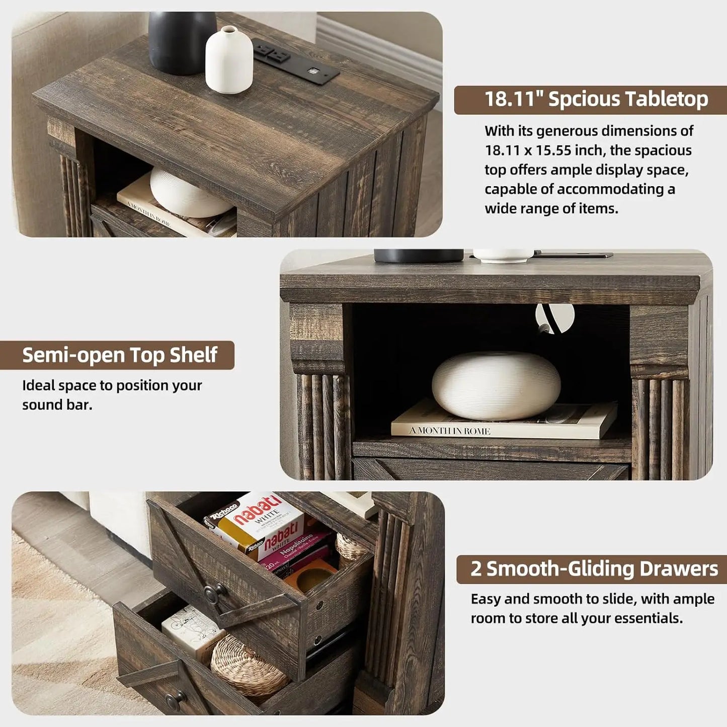 Farmhouse Night Stand with Charging Station set of 2, 18" Wide