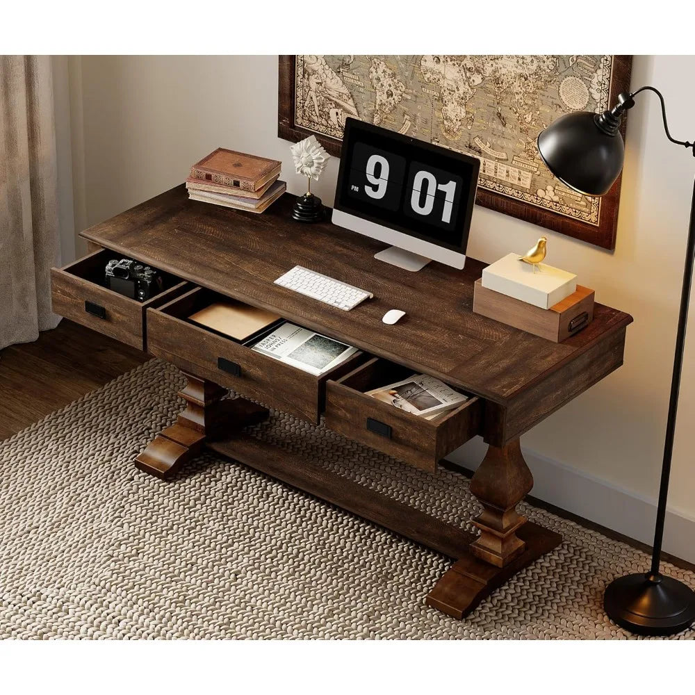 60-inch Vintage Wood Home Office Desk with Stable Solid Wood Pedestral Legs