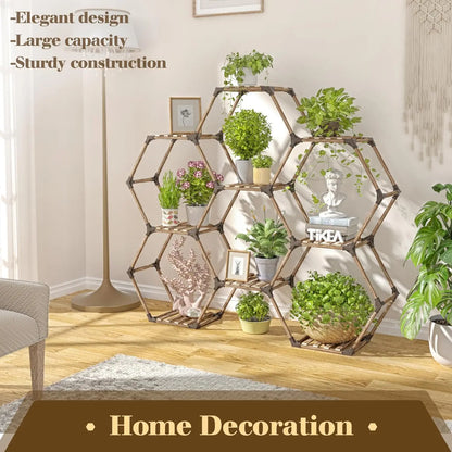 Hexagonal Plant Stand Indoor Outdoor Large Wooden Shelf 6 Tier 9 Pot Holder for Patio Balcony Living Room