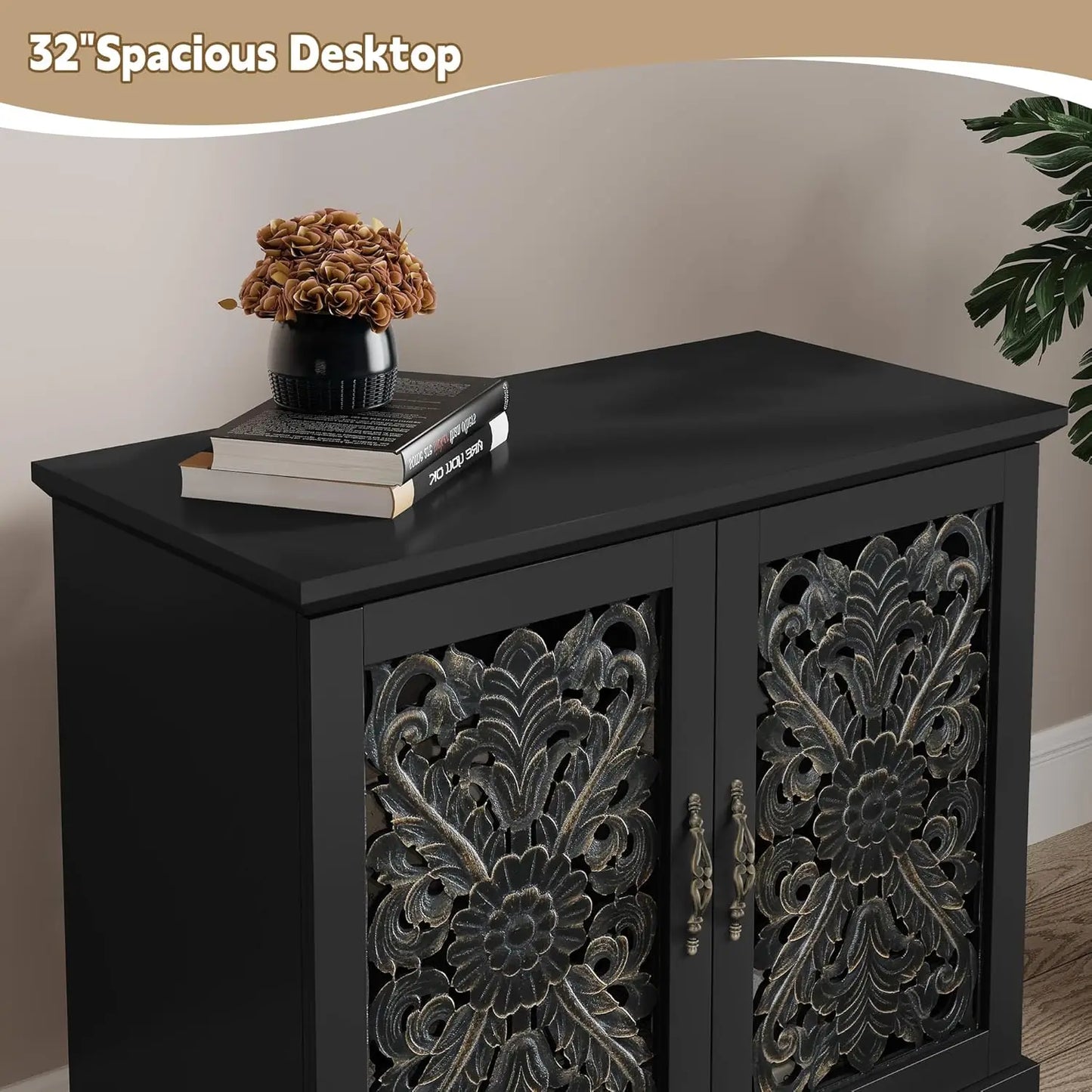 Accent Cabinet with 2 Doors, Vintage Carved Wood Storage Cabinet