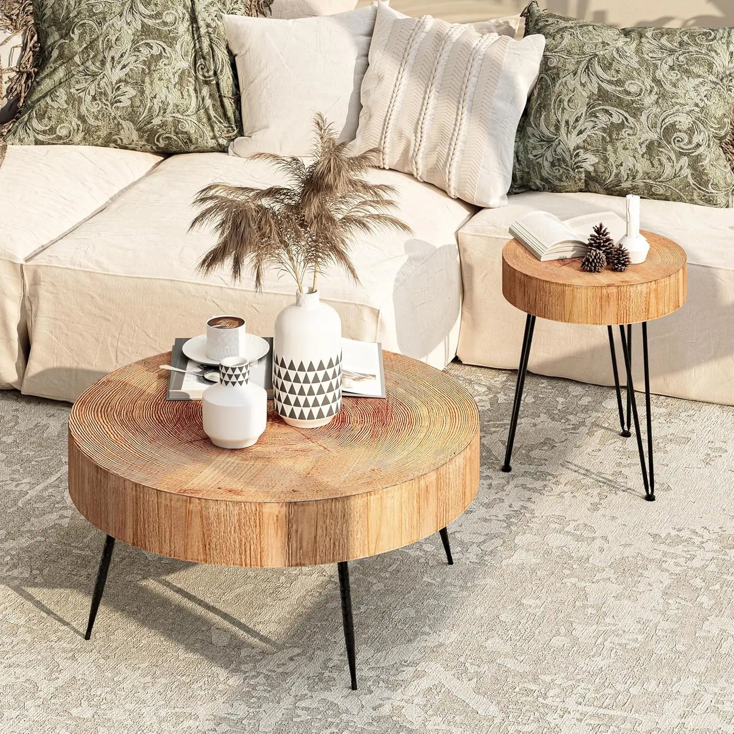 2-Piece Round Nesting Coffee Table Set, Natural Wood Top with Black Metal Legs