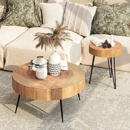2-Piece Round Nesting Coffee Table Set, Natural Wood Top with Black Metal Legs