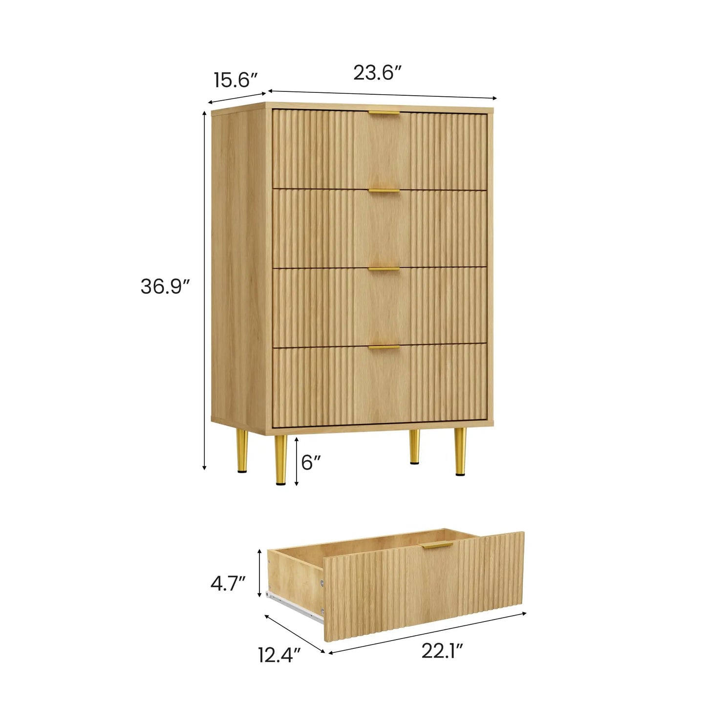 Fluted Dresser for Bedroom with 4 Drawers, 36.85" Tall with Metal Handle