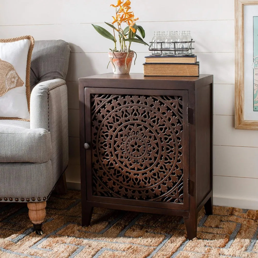 Thea Brown Carved Mandala 1-Door Storage Nightstand, Fully Assembled, Boho Accent Side Table
