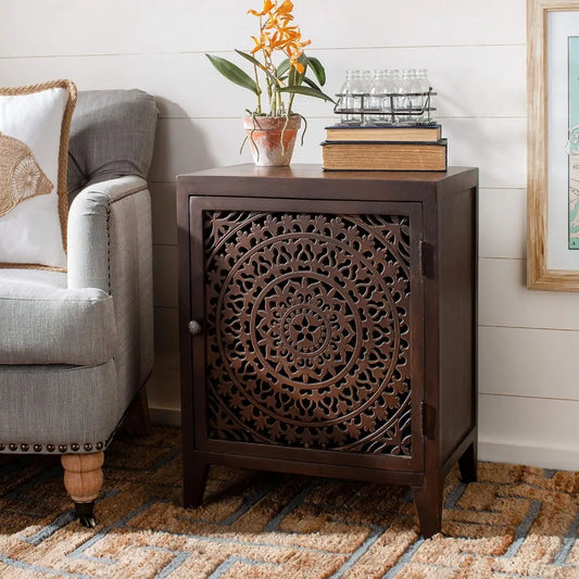 Thea Brown Carved Mandala 1-Door Storage Nightstand, Fully Assembled, Boho Accent Side Table