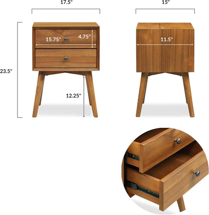 Mid-Century Modern Nightstand with 2 Drawers, Solid Wood Construction, Walnut Finish, 23.5" Height