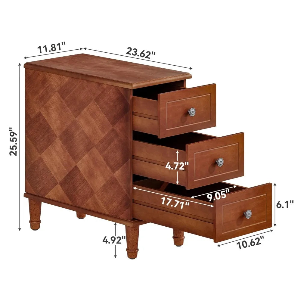 Fully Assembled End Table, Narrow Side Table with 3 Drawers