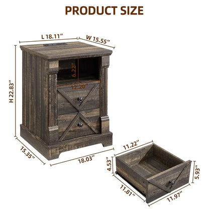 Farmhouse Night Stand with Charging Station set of 2, 18" Wide