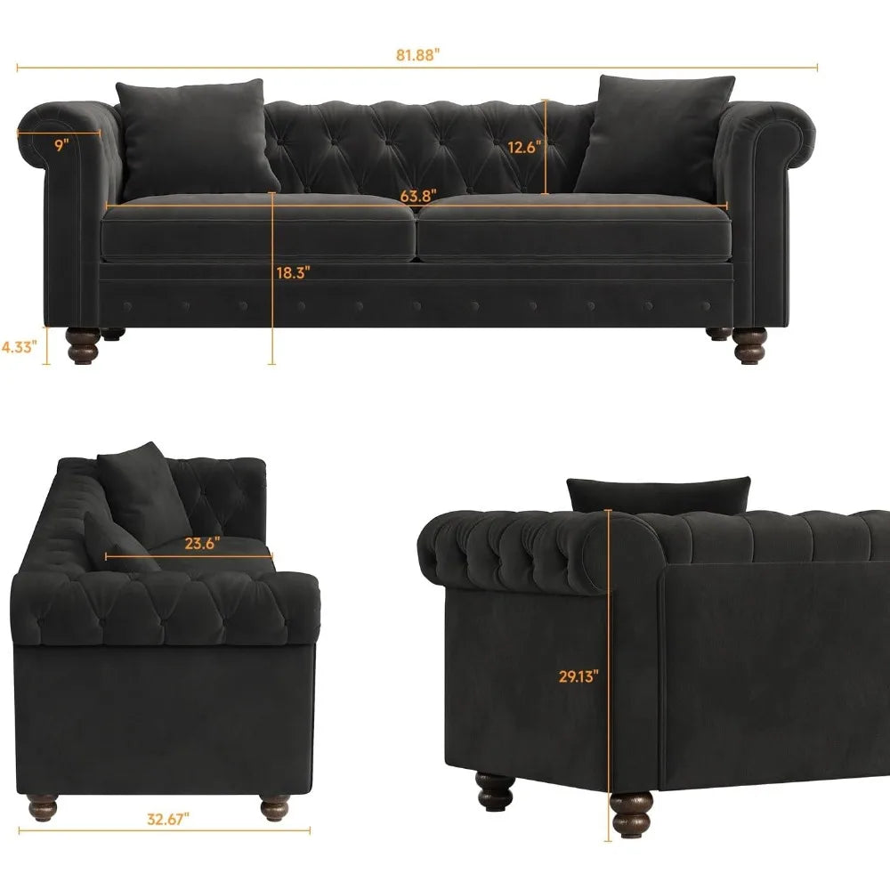 82 Inch Chesterfield Sofa, 23 Inch Deep Seat Velvet Couch  2 Throw Pillows