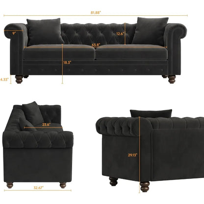 82 Inch Chesterfield Sofa, 23 Inch Deep Seat Velvet Couch  2 Throw Pillows