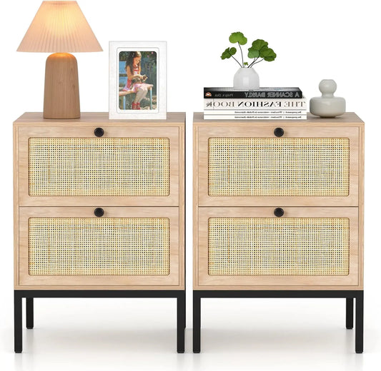 Natural Rattan Nightstand Set of 2, Boho Night Stand with Drawers