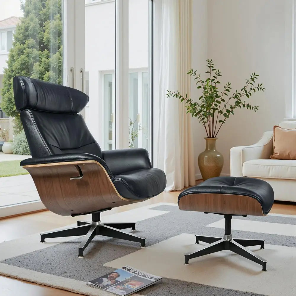 Modern Reclining Swivel Lounge Chair Walnut Black Genuine leather Ottoman include