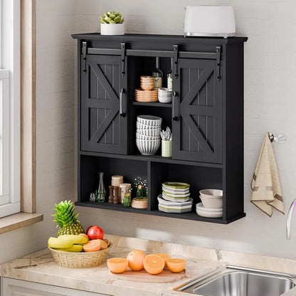 Vintage Wooden Wall-Mounted Medicine Cabinet with Double Sliding Barn Doors and Adjustable Shelves