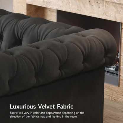 82 Inch Chesterfield Sofa, 23 Inch Deep Seat Velvet Couch  2 Throw Pillows