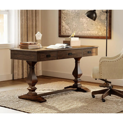 60-inch Vintage Wood Home Office Desk with Stable Solid Wood Pedestral Legs
