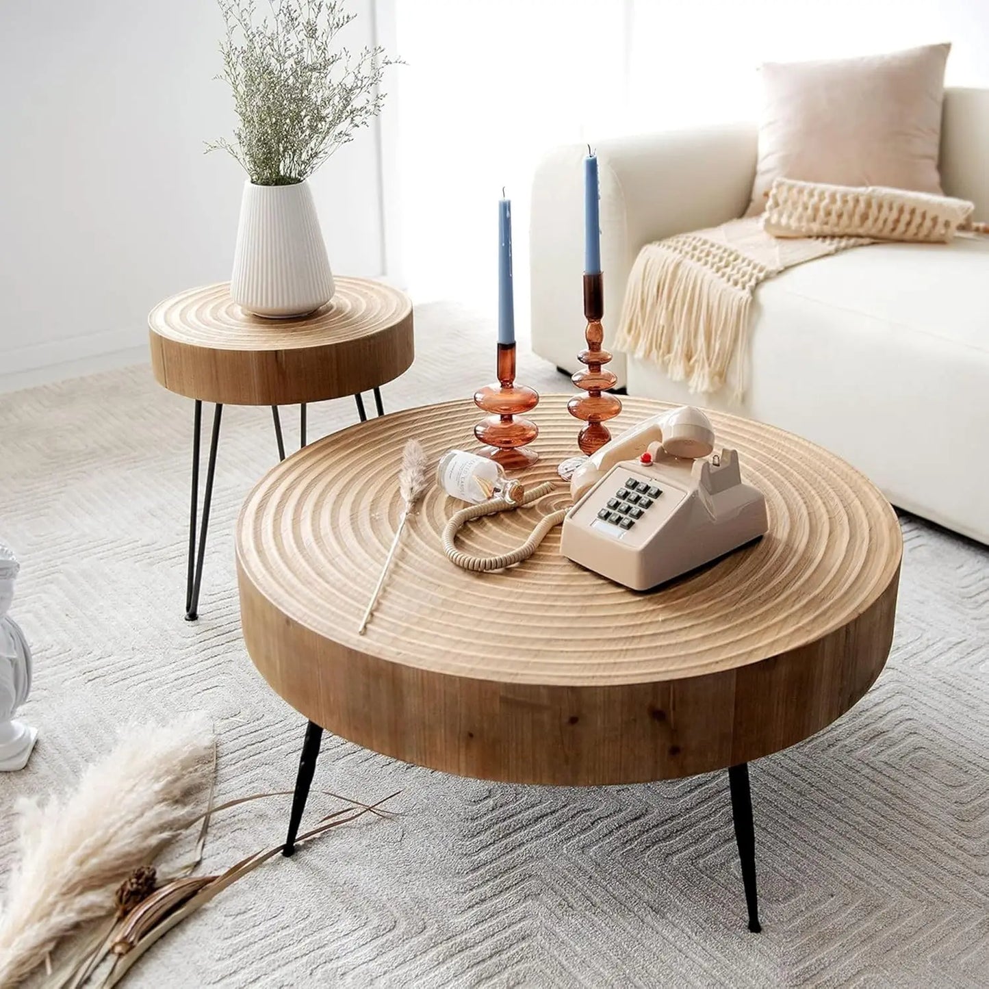 2-Piece Round Nesting Coffee Table Set, Natural Wood Top with Black Metal Legs