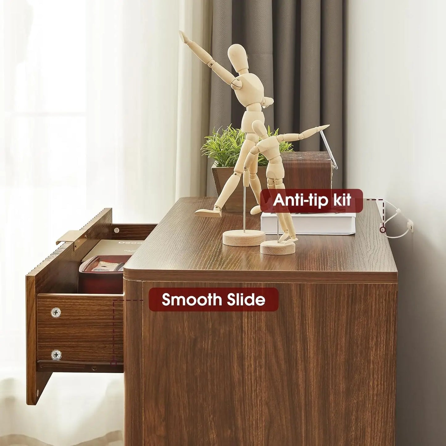 Oversized Nightstands Set of 2 31.5\" Walnut Fluted Tall Large 3 Drawer