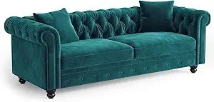 82 Inch Chesterfield Sofa, 23 Inch Deep Seat Velvet Couch  2 Throw Pillows