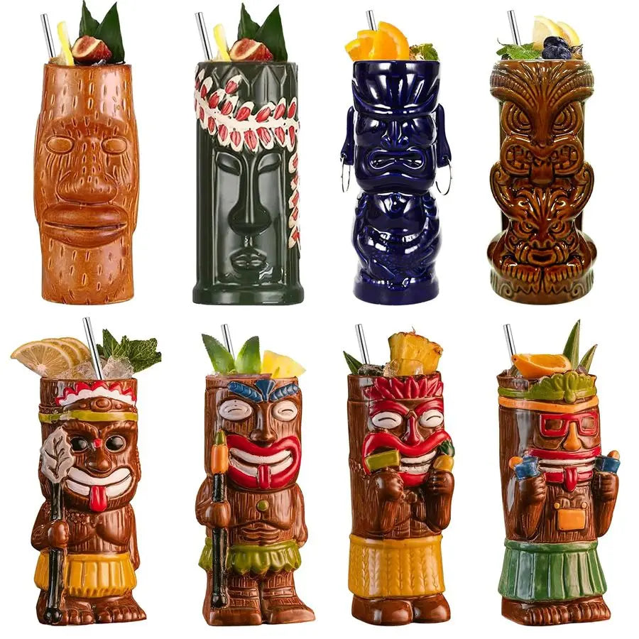 Tiki Mugs Set Of 8 Exotic Frosted Mug With 8 pack Straws