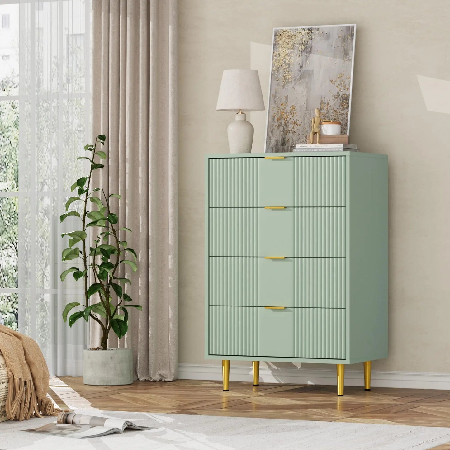 Fluted Dresser for Bedroom with 4 Drawers, 36.85" Tall with Metal Handle