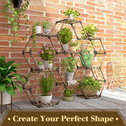 Hexagonal Plant Stand Indoor Outdoor Large Wooden Shelf 6 Tier 9 Pot Holder for Patio Balcony Living Room