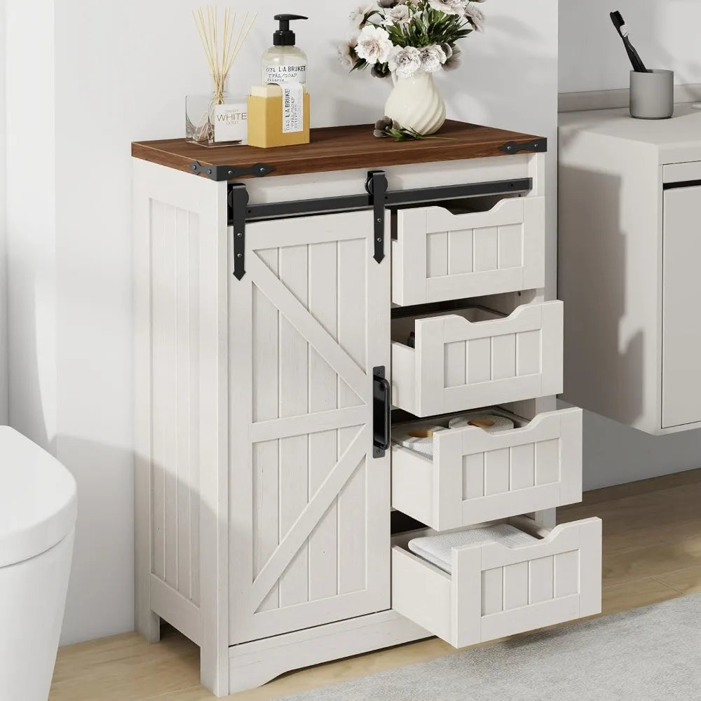 Farmhouse Bathroom Cabinet with Sliding Door & 4 Drawers, White