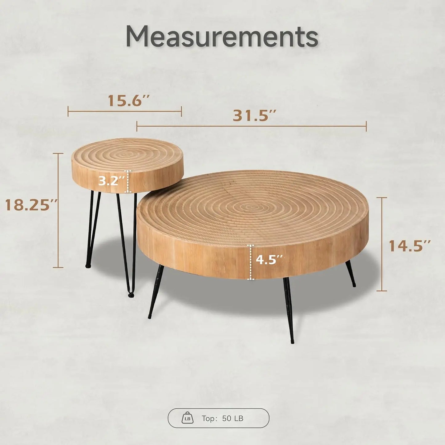 2-Piece Round Nesting Coffee Table Set, Natural Wood Top with Black Metal Legs