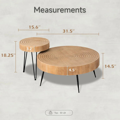 2-Piece Round Nesting Coffee Table Set, Natural Wood Top with Black Metal Legs