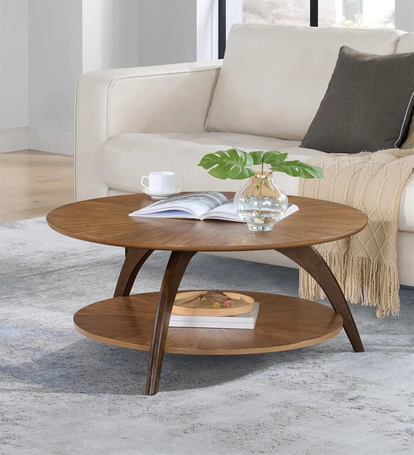 Round Wood Coffee Table with Lower Shelf,Cocktail Table for Living Room or Den. Caramel Brown with Walnut Brown Legs, Customized