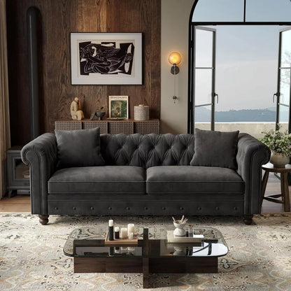 82 Inch Chesterfield Sofa, 23 Inch Deep Seat Velvet Couch  2 Throw Pillows