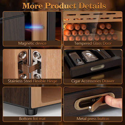 Cigar Humidor Lighted Control Magnetic Door Desktop Cigar Cabinet, Accessory Drawer and 2 humidifiers