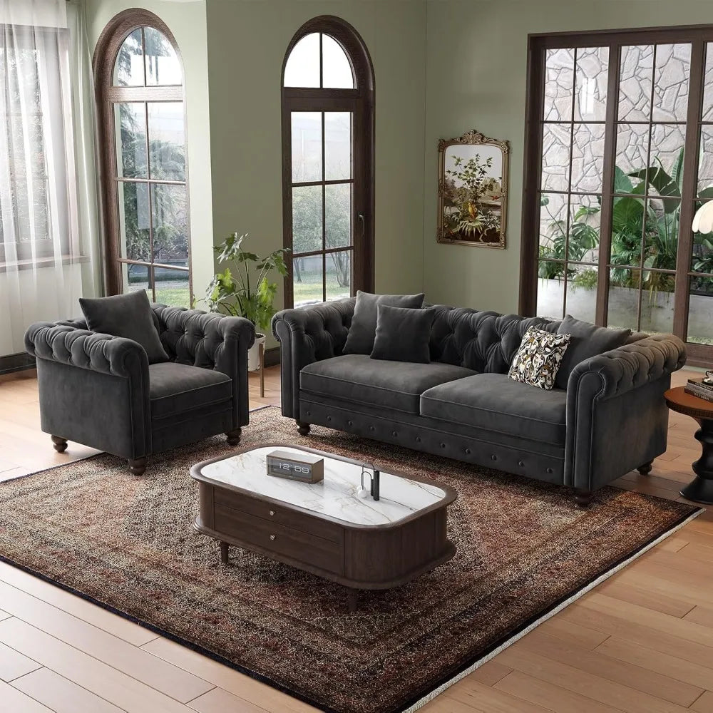 82 Inch Chesterfield Sofa, 23 Inch Deep Seat Velvet Couch  2 Throw Pillows