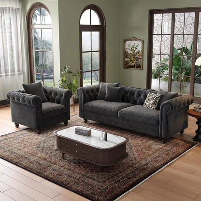 82 Inch Chesterfield Sofa, 23 Inch Deep Seat Velvet Couch  2 Throw Pillows