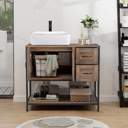Rustic Farmhouse Bathroom Vanity with Ceramic Vessel Sink Combo Cabinet